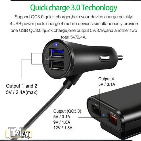 QC 3.0 Quick Charge USB Car Charger Compatible with Android iOS Smartphones USB Device Front/Back Seat Cigarette Lighter Chargers 5.6Ft Extension ...