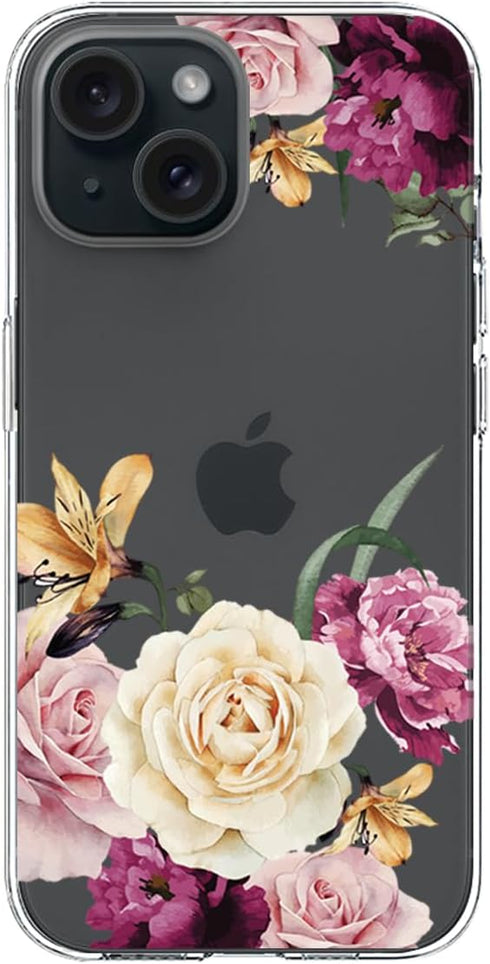 Designed for iPhone 15 Case, for Girls Woman, Clear Cute Pink Purple Floral Flowers Design Hard Back Soft Bumper Shockproof Protective Phone Cover...