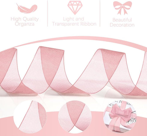 Pink Ribbon for Flower Bouquet 1 Inch 50 Yards Sheer Mothers Day Gift Basket Ribbon Tulle Ribbon for Gift Wrapping Ribbons for Crafts Ribbon for H...