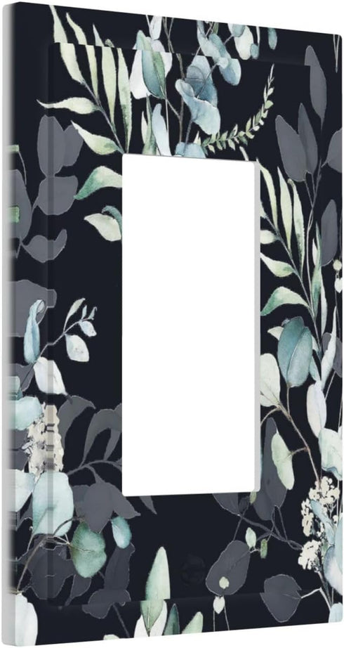 Decorative Switch Plate Covers Boho Black/Grey Eucalyptus Leaf Floral 1 Gang Single Decora GFCI Device Light Switch Cover 1 Rocker Outlet Wall Pla...