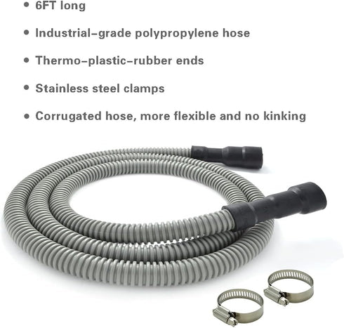 Universal Dishwasher Drain Hose - 6 Ft Discharge Hose - Corrugated and Flexible Dishwasher Hose Drain Replacement with Clamp