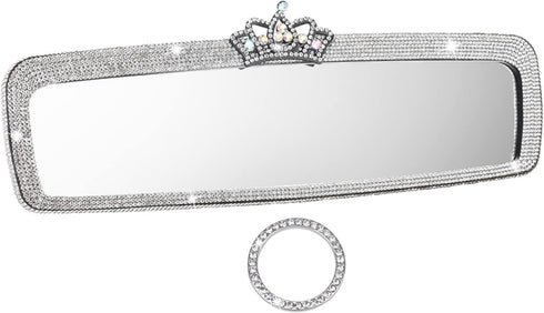 Bling Rhinestone Rear View Mirror Cover, Car Rear View Mirror with Crystal Diamonds Bling Rhinestones Car Rear View Mirror Car Interior Trim(White...