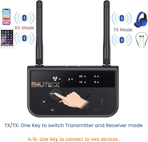 Bluetooth Transmitter Receiver, Long Range 2-in-1 Bluetooth 5.3 Audio Adapter for TV PC to 2 Wireless Headphones with Adjustable Volume, 3.5mm AUX...