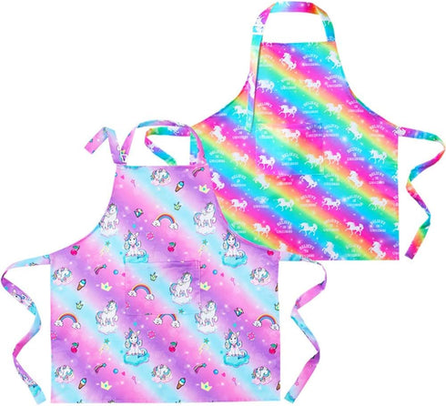 PASHOP 2 Pack Kids Apron Rainbow Unicorn Aprons With Pockets for Girls Boys Toddler Apron for Painting Cooking Baking...