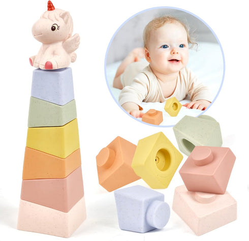 Stacking & Nesting Baby Toys: Squeeze Teething Baby Toys and Building Blocks with Horse Figure - Newborn Essentials for 6 12 18 Months Baby Toddle...
