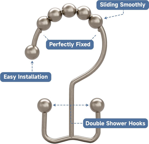 Titanker Shower Curtain Hooks Rings, Rust-Resistant Metal Double Glide Shower Hooks for Bathroom Shower Rods Curtains, Set of 12 Hooks - Matte Nic...