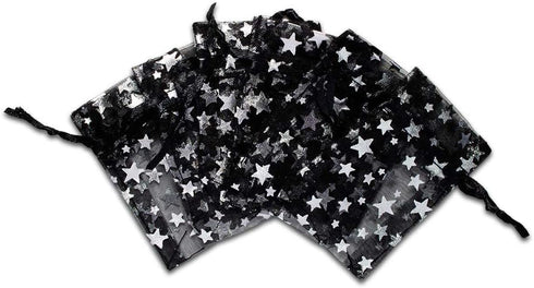100-Pack 2x2.5 Sheer Organza Drawstring Gift Bags (X-Small) - Metallic Stars (Black/Silver) - Wedding Party Favors, Jewelry, Candy, Treats Mesh Po...