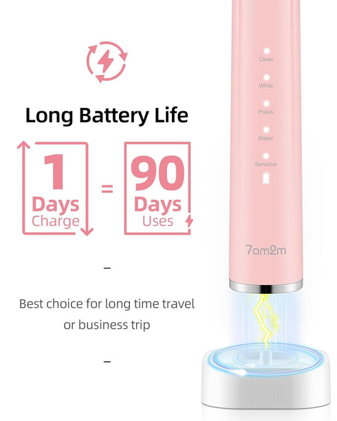 7AM2M Sonic Electric Toothbrush with 6 Brush Heads for Adults and Kids, One Charge for 90 Days, Wireless Fast Charge, 5 Modes with 2 Minutes Built...