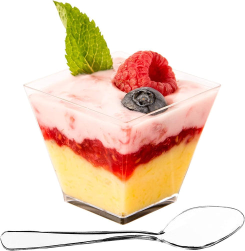 DLux 50 x 2oz Square Mini Dessert Cups with Spoons, Clear Plastic Parfait Appetizer Cup - Small Reusable Serving Bowl for Tasting Party Desserts A...
