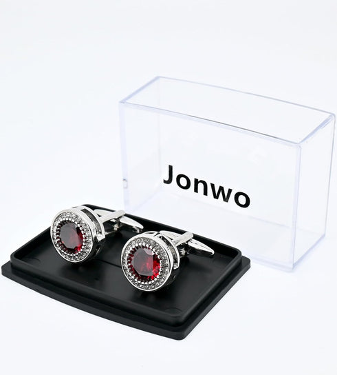 Red Crystal Gemstone Cufflinks for Men Lady In Gift Case Silver Round Men's Cufflinks Jewelry Set for Wedding Anniversary Business Party Events Tu...