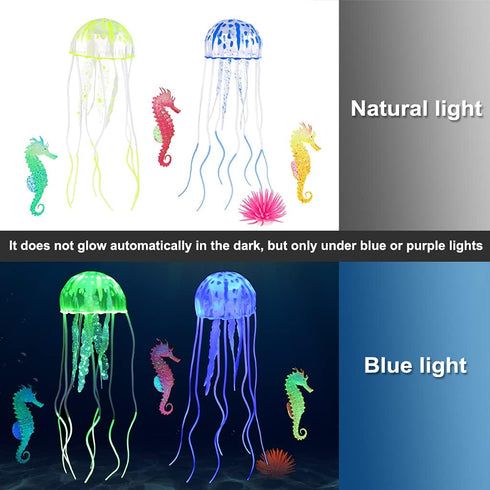 Lpraer 6 Pieces Glow Aquarium Ornaments Artificial Glow Floating Jellyfish Seahorse Anemones Silicone Simulation Fish Tank Decorations for Fish Ta...