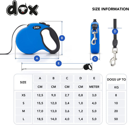 DDOXX Retractable Dog Leash - Strong Reflective Nylon Strips with Break & Lock system - S (Blue)...