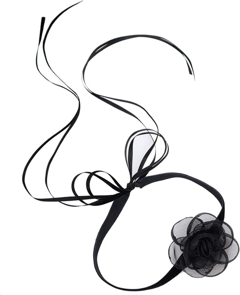 Black Choker Camellia Flower Lace-up Necklace For Women...