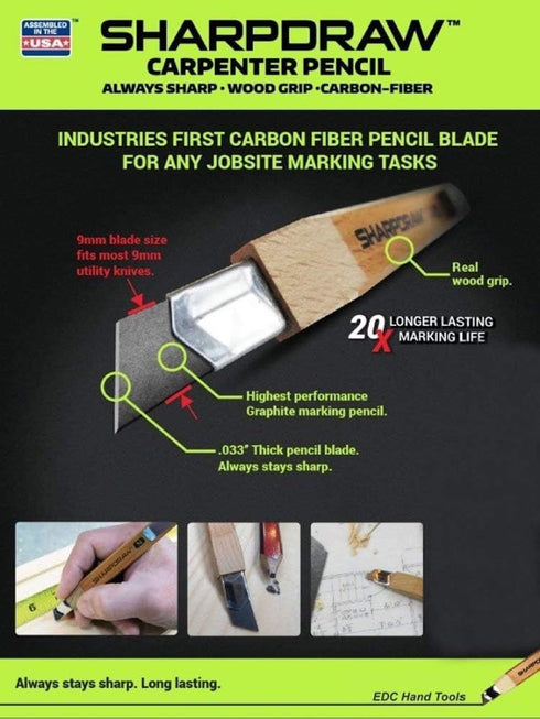 Sharpdraw Mechanical Carpenter Pencil - Carbon Fiber Lead for Razor Sharp Lines - 2 Pack...