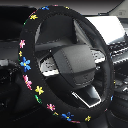 Embroidery Cute Steering Wheel Cover-Deluxe Floral Car Decor,Anti-Slip,Sweat Absorption,Universal 15 inch (floral1)...