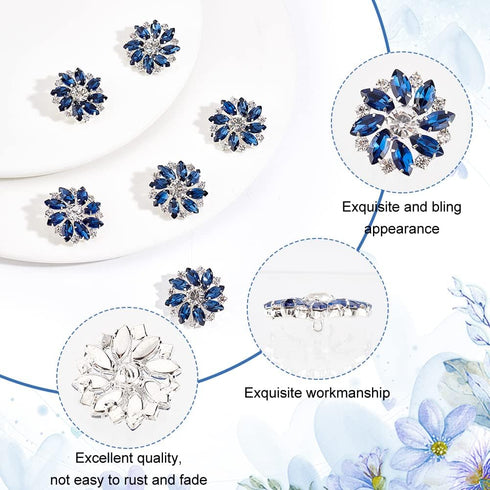FINGERINSPIRE 6PCS 26.5MM Flower Brass Rhinestone Shank Buttons Montana Blue Color Sew On Buttons with 1-Hole and Flat Back, Fashion Claw Rhinesto...