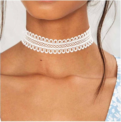 Boho Hollow Lace Choker Necklace White Wide Lace Necklace Plain Scalloped Lace Clavicle Necklaces Short Vintage Necklace Chain Jewelry for Women...