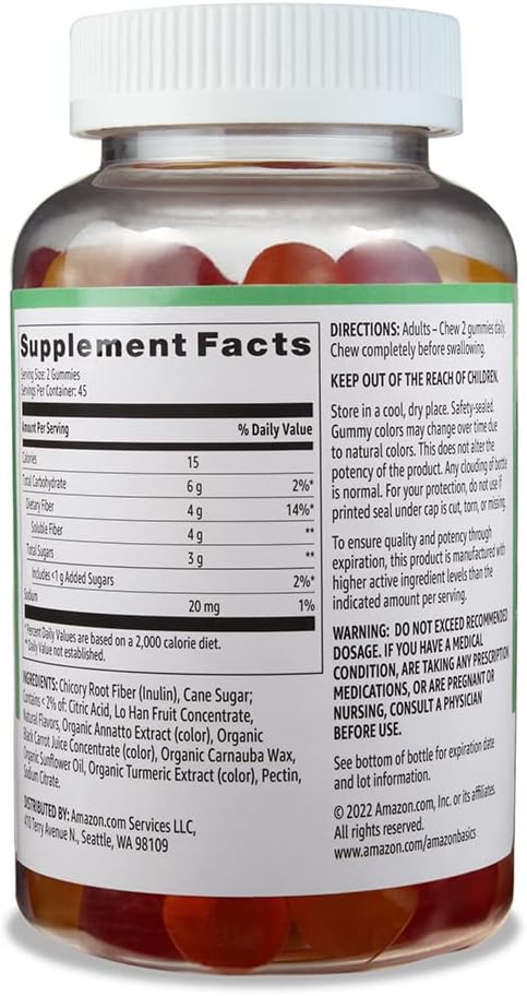 Amazon Basics (previously Solimo) Fiber 4g Gummy - Digestive Health, Supports Regularity, Orange, Lemon & Strawberry, 90 Gummies (2 per Serving)...