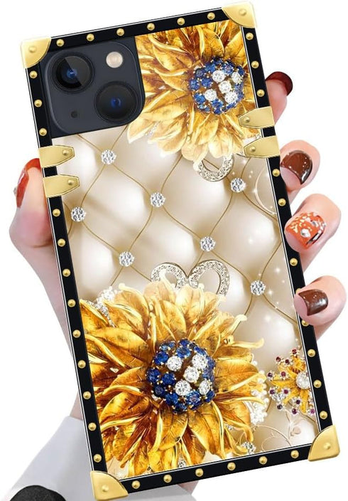 Case Compatible with iPhone 15 Plus,Diamond Sunflower iPhone 15 Plus Cases for Womens,Luxury Decoration Square Soft TPU Shockproof Protective Hard...
