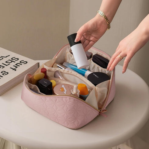 Telena Makeup Bag Large Capacity Travel Cosmetic Bag Portable Lightweight Makeup Organizer Bags for Women with Handle and Divider Open Flat Light ...