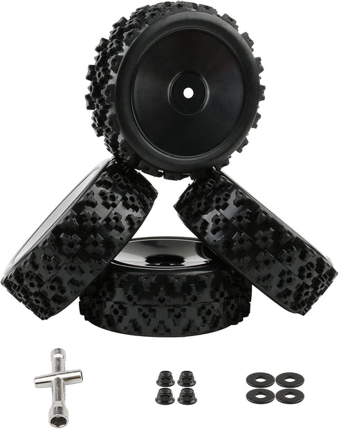 4pcs 1/10 On-Road Wheels and Tires 12mm Hex Black Hard Dish Wheel and Rally Block Tyre for Street Racing Car Kyosho Tamiya Traxxas HPI etc, with L...