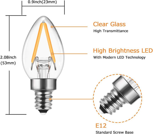 DORESshop C7 Mini Candelabra LED Bulb, LED Filament Night Bulb, Christmas Light Bulbs, 2W (20W Equivalent), E12 Candelabra Base, No Dimmable, Perf...