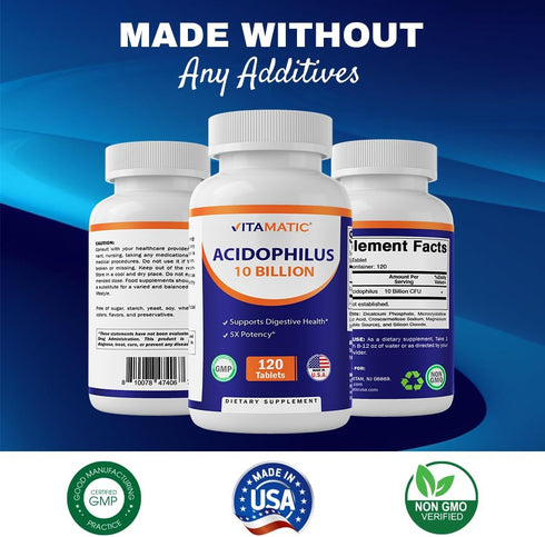 Vitamatic Acidophilus Probiotic - 10 Billion CFU - 5X Potency - Daily Probiotic Supplement, Supports Digestive Health - 120 Tablets...