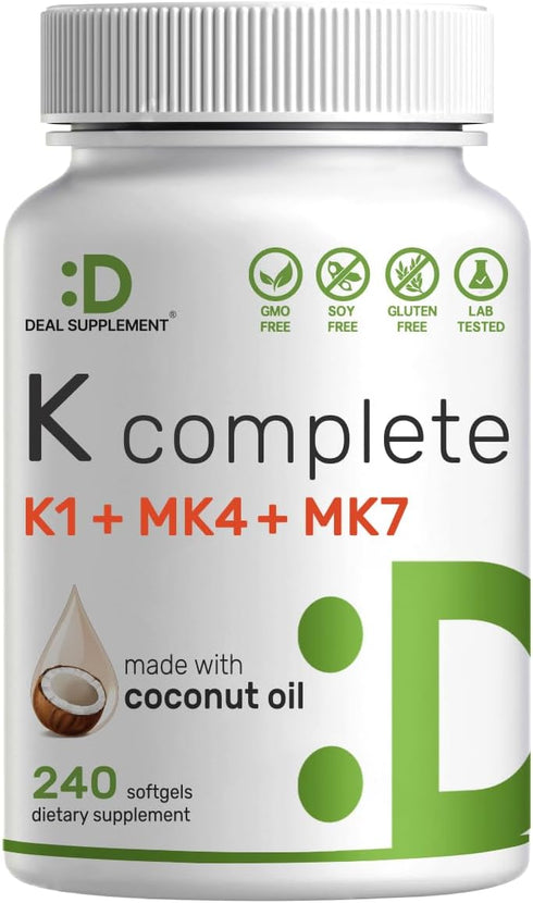 DEAL SUPPLEMENT Premium K Complete - High Potency Vitamin K1, K2 MK-7 & MK-4 Complex, 240 Coconut Oil Infused Softgels - Full Spectrum Triple Vita...