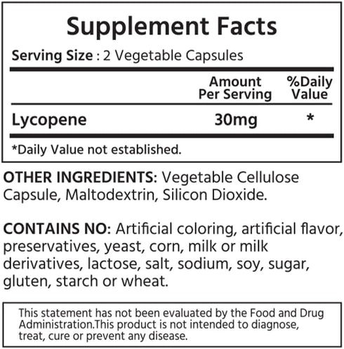 Natural Lycopene 30 mg 120 Vegetable Capsules. All-Natural from Tomatoes. Non-GMO. Antioxidant Supplement....