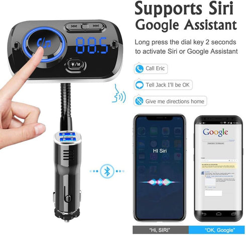 Bluetooth 5.0 FM Transmitter for Car Wireless FM Radio Adapter Car Kit Hands-Free Dual USB Ports with QC3.0 Support SIRI/Google Voice Assistant AU...