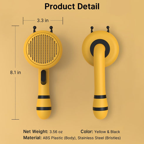 Bee Cat Brush, Self Cleaning Cat Brush with Release Button, Cat Hair Brush for Shedding, Pet Grooming Brush for Short and Long Haired Cats Dogs (Y...