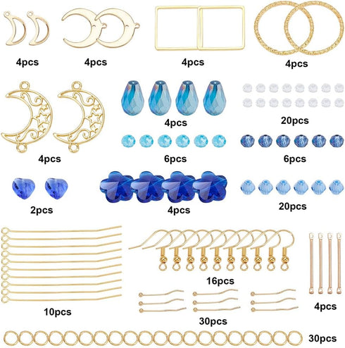 SUNNYCLUE 1 Box DIY 8 Pairs Blue Moon Earrings Making Starter Kit Including Moon Geometric Linking Connector Charms Teardrop Flower Beads Earring ...