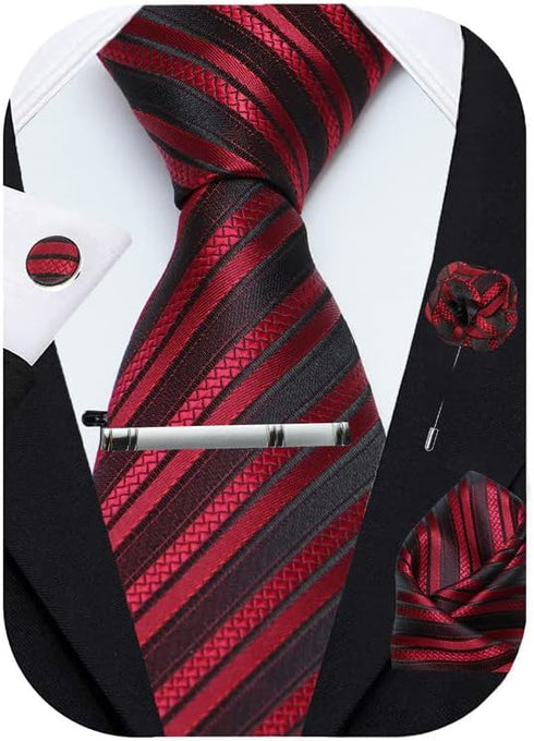 Burgandy Striped Ties For Men – Tie Set With Pocket Square Cufflinks Tie Clip Bar & Flower Brooch Pin For Mens (Pack of 5) (AXTS57)...
