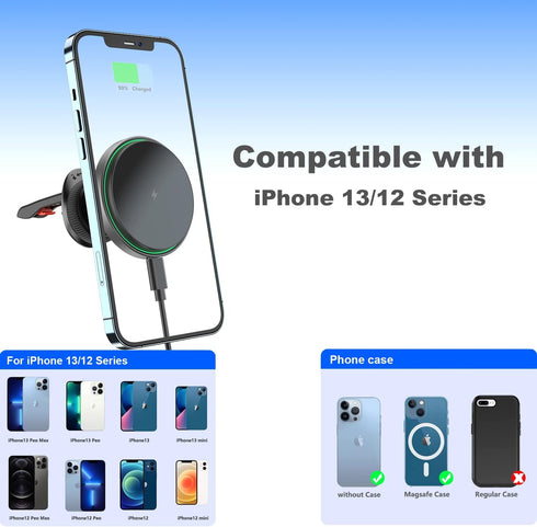 Magnetic Wireless Car Charger with Cooling System, Magnets Automatically Aligns The Phone, Compatible with car Mount Charger, Compatible with iPho...