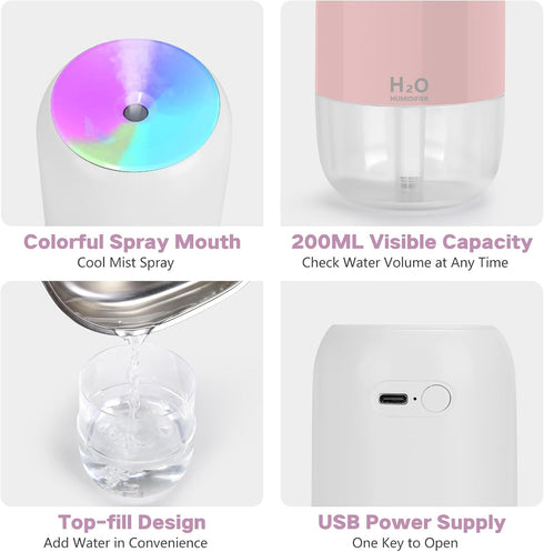 Mini Humidifiers for Bedroom, 2 Pack 200ml Cool Mist Humidifiers for Indoor Plants, Room Humidifiers for Bedroom Quiet Easy Clean Auto Shut-off To...