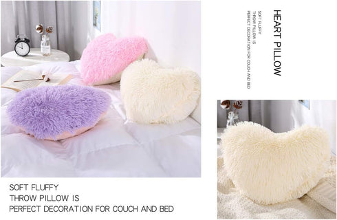 MOOWOO Fluffy Heart Pillow, Shaggy Plush Faux Fur and Sherpa, Cute Soft Throw Cushion, Valentines Day Decorative for Home Bed Couch Gift for Thank...