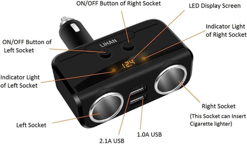 LIHAN 2 Socket Cigarette Lighter Adapter, Car Charger Plug Splitter with Dual USB Ports, 12V/24V Meter Monitor, Compatible with iPhone, LG, HTC, S...