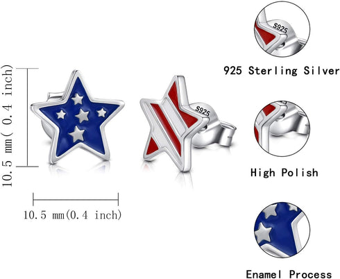 Silver USA American Flag Earrings - S925 Patriotic Stud Earrings Fourth of July Independence Day Jewelry Gifts for Women(Star1)...