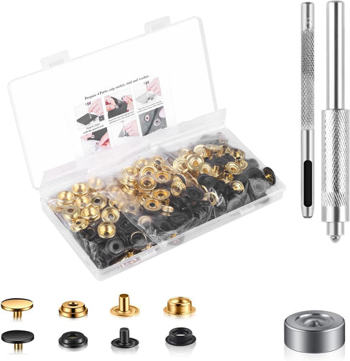 200 Pcs (50 Sets) 5/8 inch (15mm) Leather Snap Fastener Kit Tool Snaps for Leather Stainless Snap Buttons for Bag, Jeans, Clothes, Fabric (Gold+Bl...