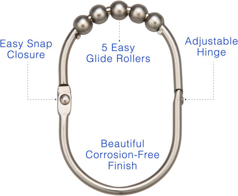 2LB Depot Wide Shower Curtain Rings/Hooks Set, Decorative Brushed Satin Nickel Finish, Easy Glide Rollers,100% Rustproof Stainless Steel, Set of 1...