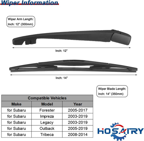 Rear Wiper Arm Blade Set for Subaru Forester 2005-2017, for Subaru Impreza Legacy 2003-2019, for Subaru Outback 2005-2019, for Subaru Tribeca 2008...