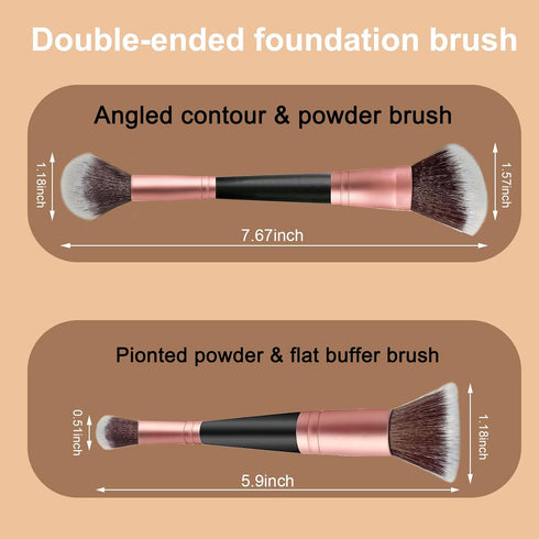 Foundation Brush Makeup Brushes:2 Pcs Double-Ended Makeup Brush For Liquid,Cream,and Powder-Buffing,Blending,Flawless Face Kabuki Brush (Flat/Angl...