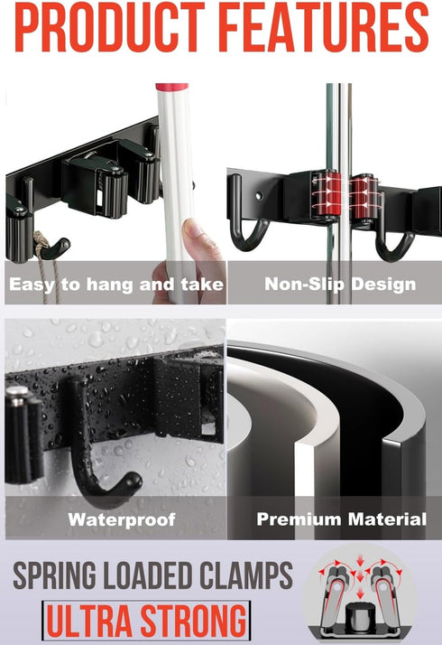 Mop and Broom Holder Wall Mount, Upgraded Broom Hanger Wall Mount, Stainless Steel Broom Organizer for Closet Garage Laundry Room Kitchen Wall Dec...