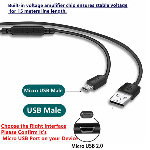 50-Foot(15M) Power Extension Cable, Compatible with Wyze Cam/Wyze Cam Pan, Yi Camera, NestCam Indoor, Blink XT Camera, Netvue Cam, USB to Micro US...