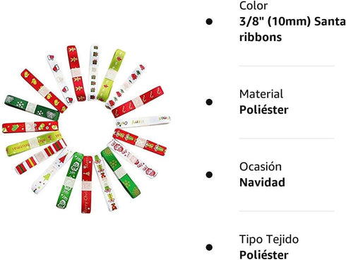 Chenkou Craft Merry Christmas 20 Yards Polyester Grosgrain Ribbon Appliques - 3/8" (10mm) Santa Ribbons Mix...