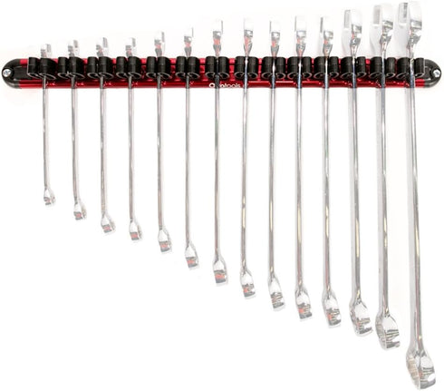 Olsa Tools Wall-Mounted Wrench Rack - Red Anodized Aluminum Rail with Black Clips - Stores 14 SAE or Metric Wrenches Securely - Professional Organ...