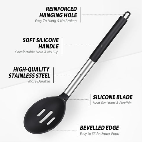 Pack of 2 Large Silicone Cooking Spoons, Non-Stick Stainless Steel Slotted and Solid Spoon Set for Serving, Mixing, Draining, Heat Resistant, Scra...