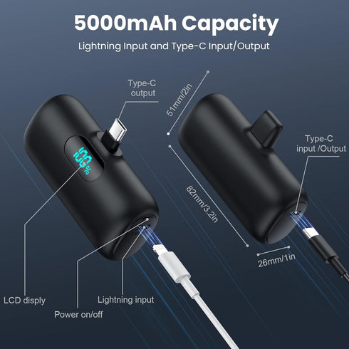 Mini Portable Charger 5000mAh Power Bank,15W PD USB C Cell Phone Portable Power, LCD Display Battery Pack Compatible With iPhone 15/15 Plus/15 Pro...