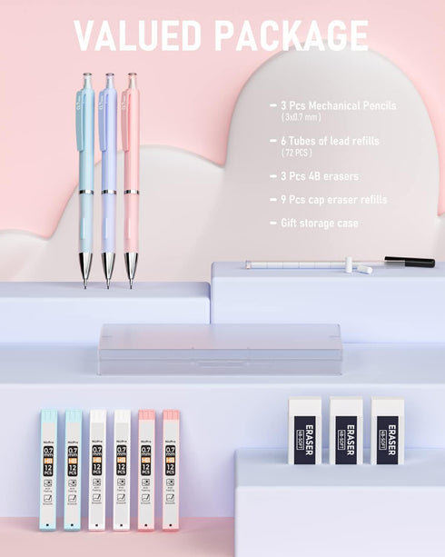 Nicpro 3PCS Pastel Mechanical Pencil Set with Case, 0.7 mm Pencils with 6 Tube HB Lead Refill & 3PCS Eraser & 9PCS Eraser Refill for School Suppli...