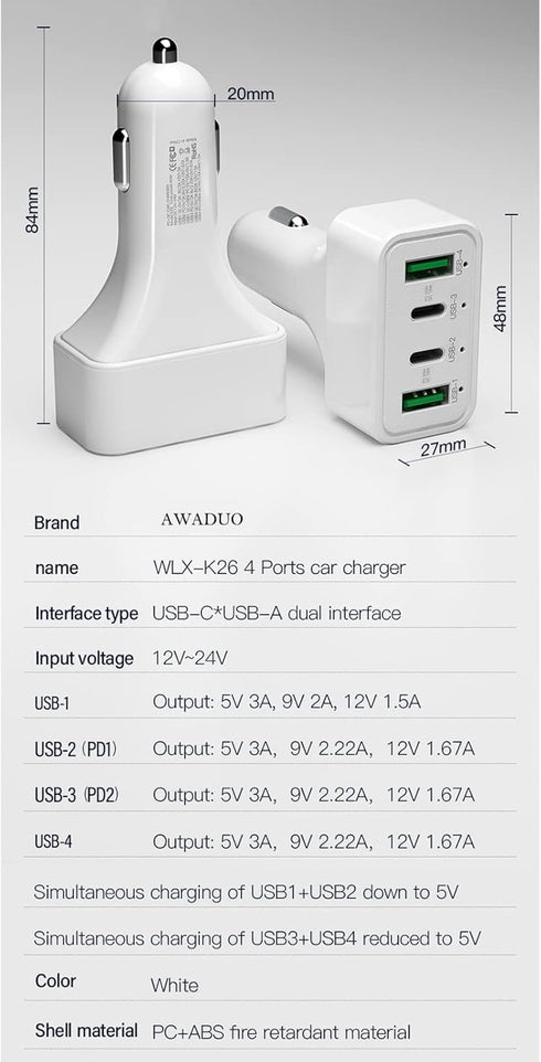 USB C Car Charger Fast Charging, AWADUO 40W Cigarette Lighter USB Charger,Dual Type C PD 20W Compatible with iPhone/Samsung, Dual USB-A 18W QC3.0 ...